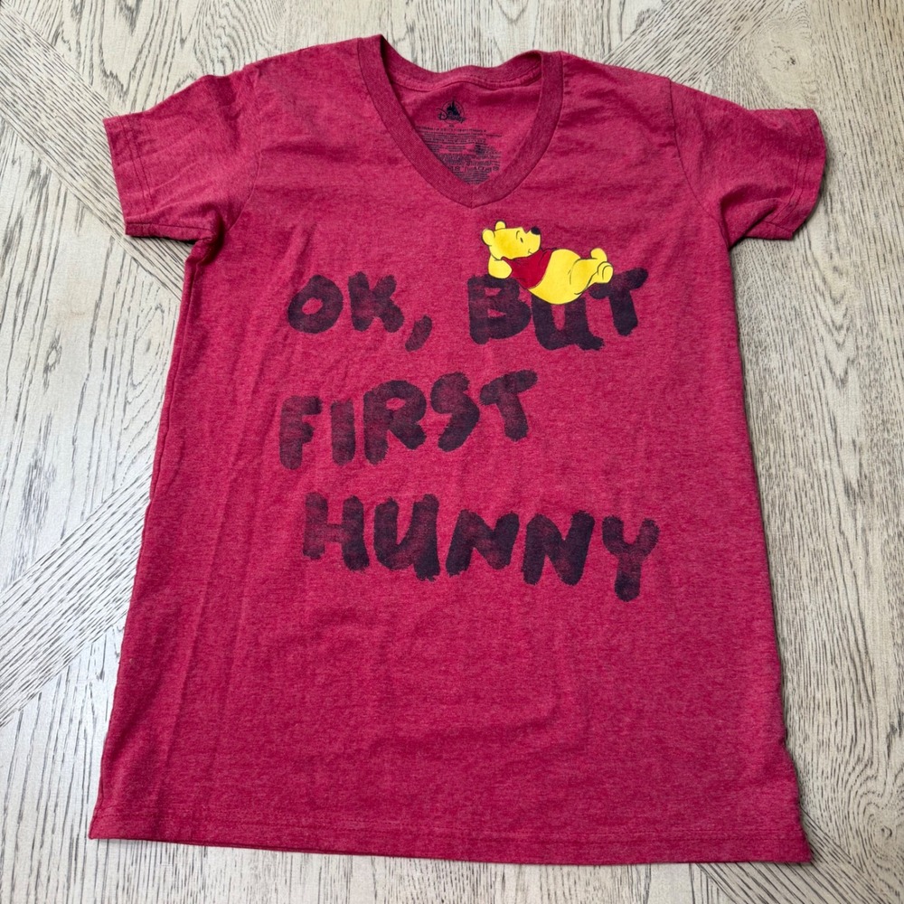 Disney Womens XS Red Winnie the Pooh‎ Ok But First Hunny V-neck T-Shirt Top